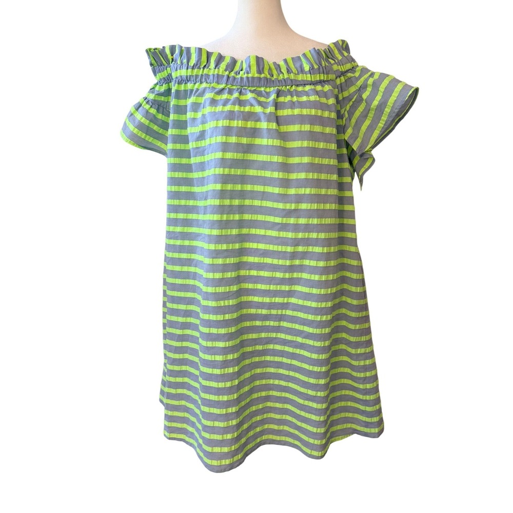 COREY LYNN CALTER Gray Green Stripe Preppy Beachy Coastal Off Shoulder Dress XL - Picture 2 of 10